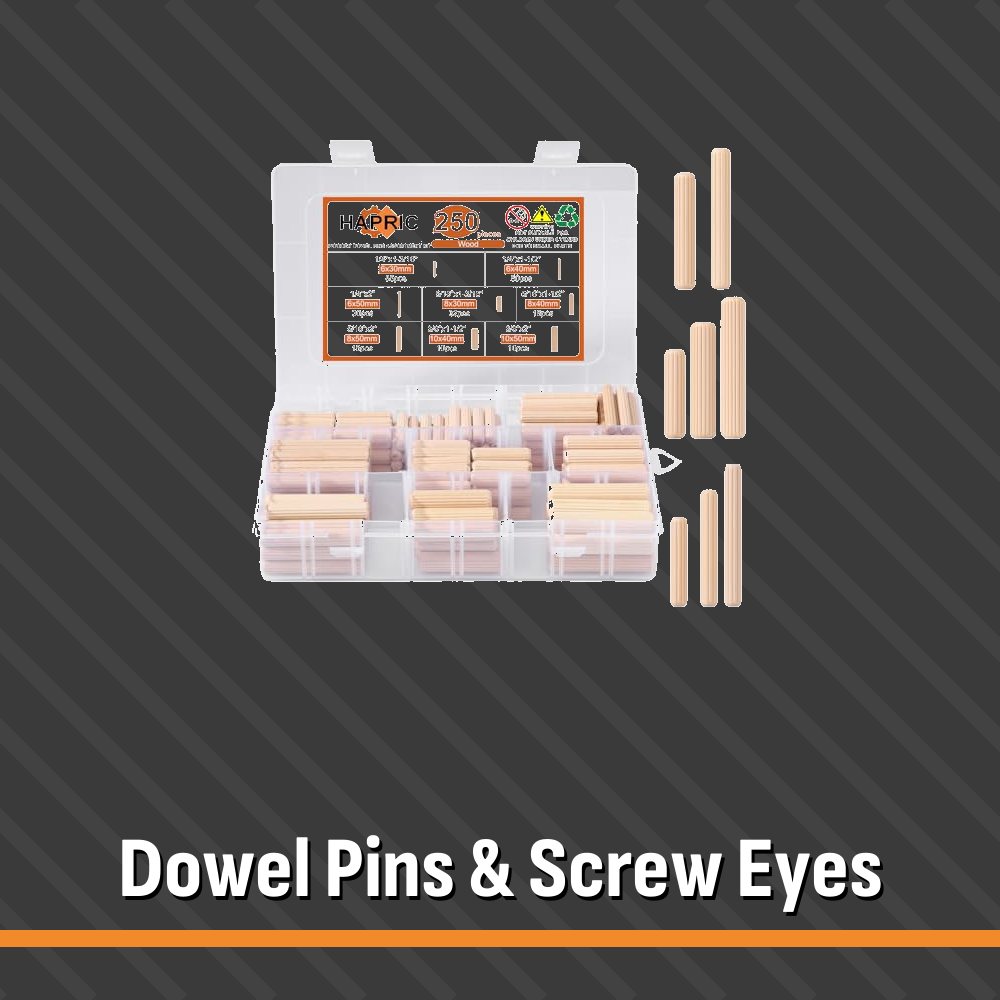 Dowel Pins & Screw Eyes: Wooden dowel pins and screw eye hooks by Hapric