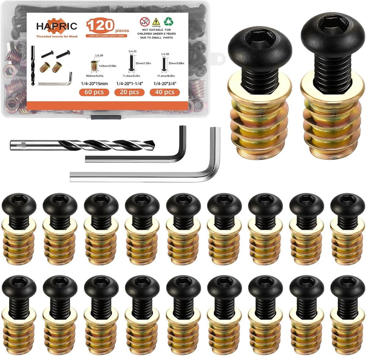 120-Piece 1/4-20 Threaded Insert Kit for Wood by Hapric