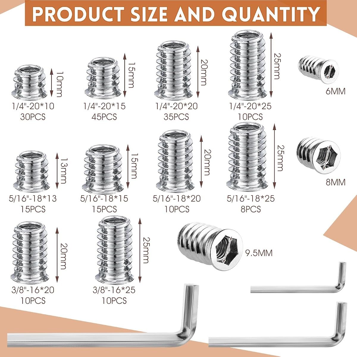 191-Piece Threaded Insert Kit for Wood, 10 Sizes, view 2