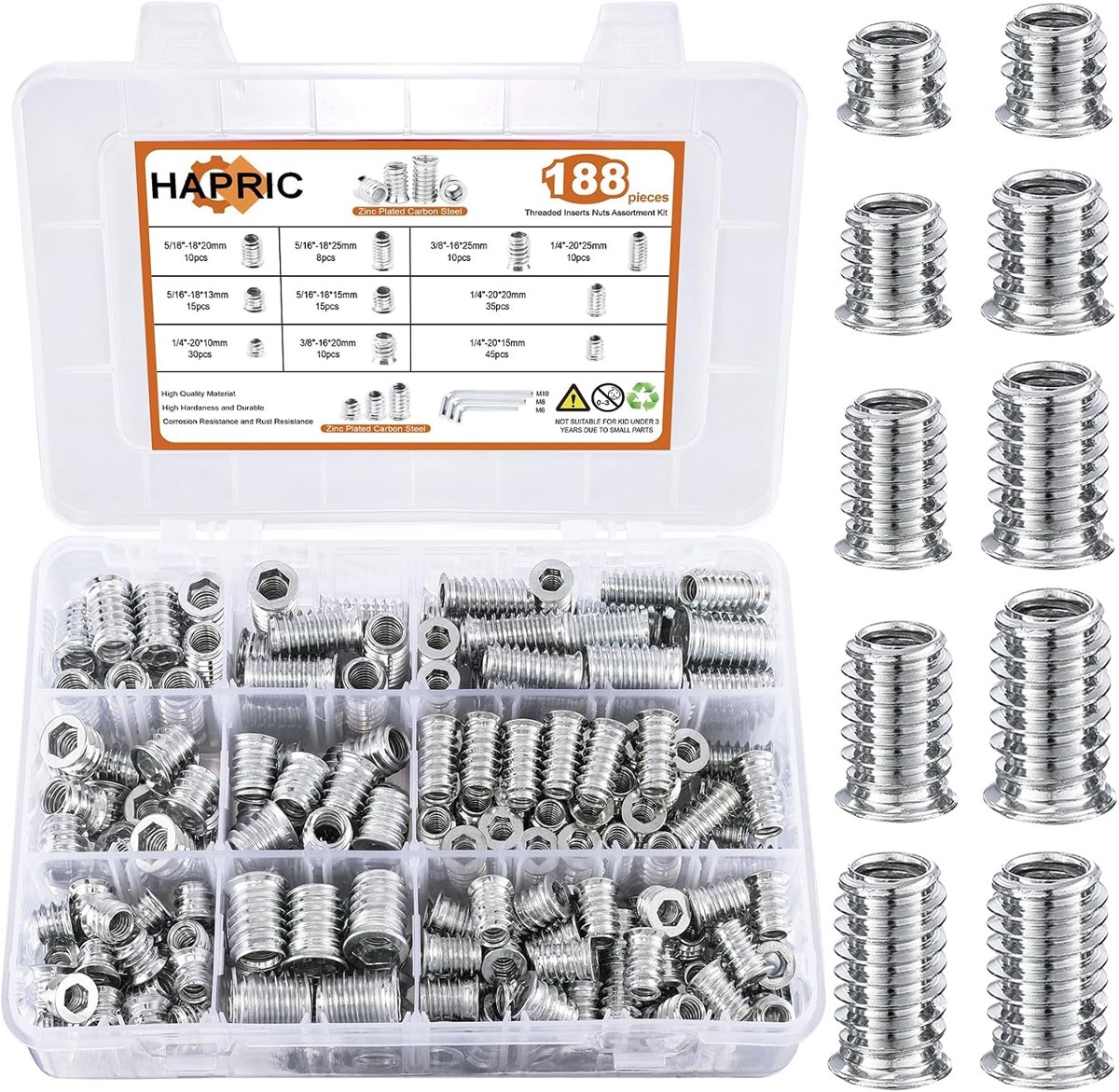 191-Piece Threaded Insert Kit for Wood, 10 Sizes by Hapric