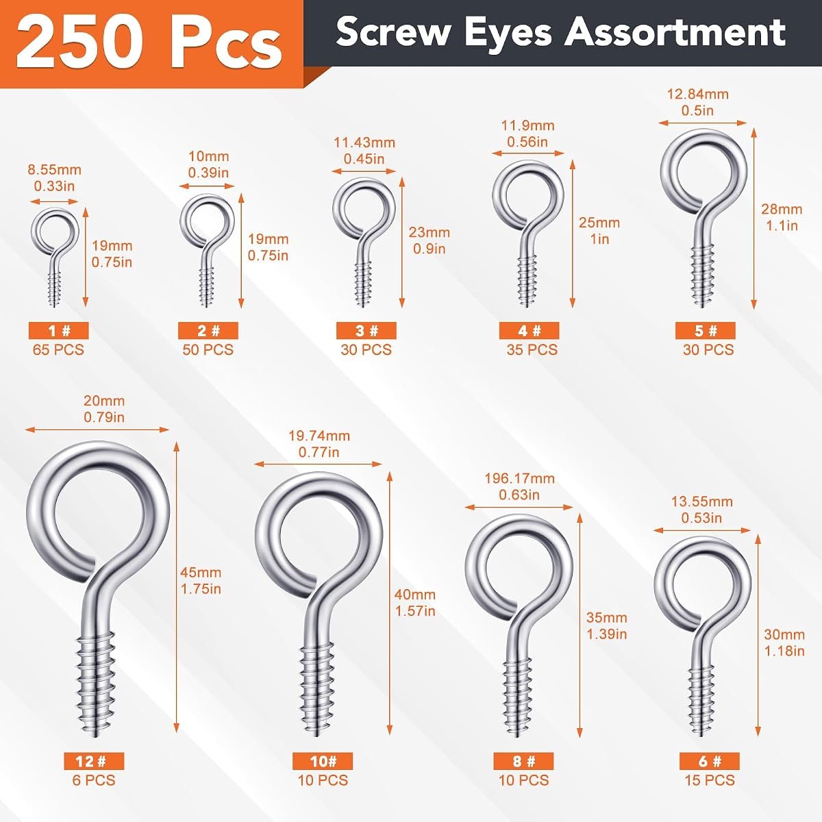 250-Piece Screw Eye Kit, 9 Sizes, view 2