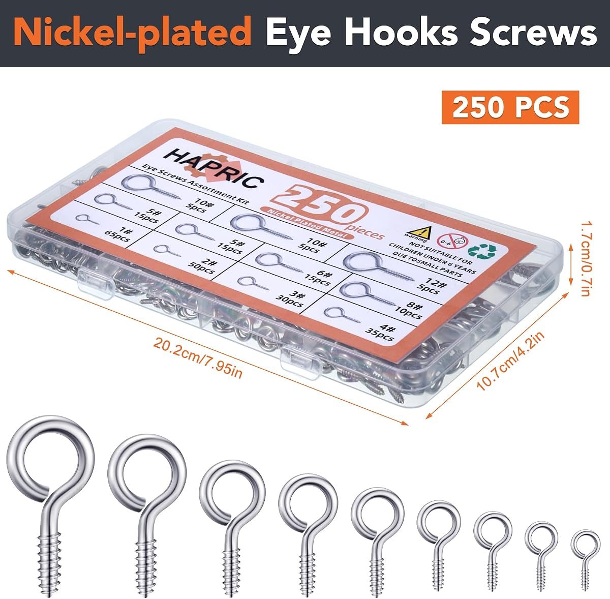 250-Piece Screw Eye Kit, 9 Sizes, view 5