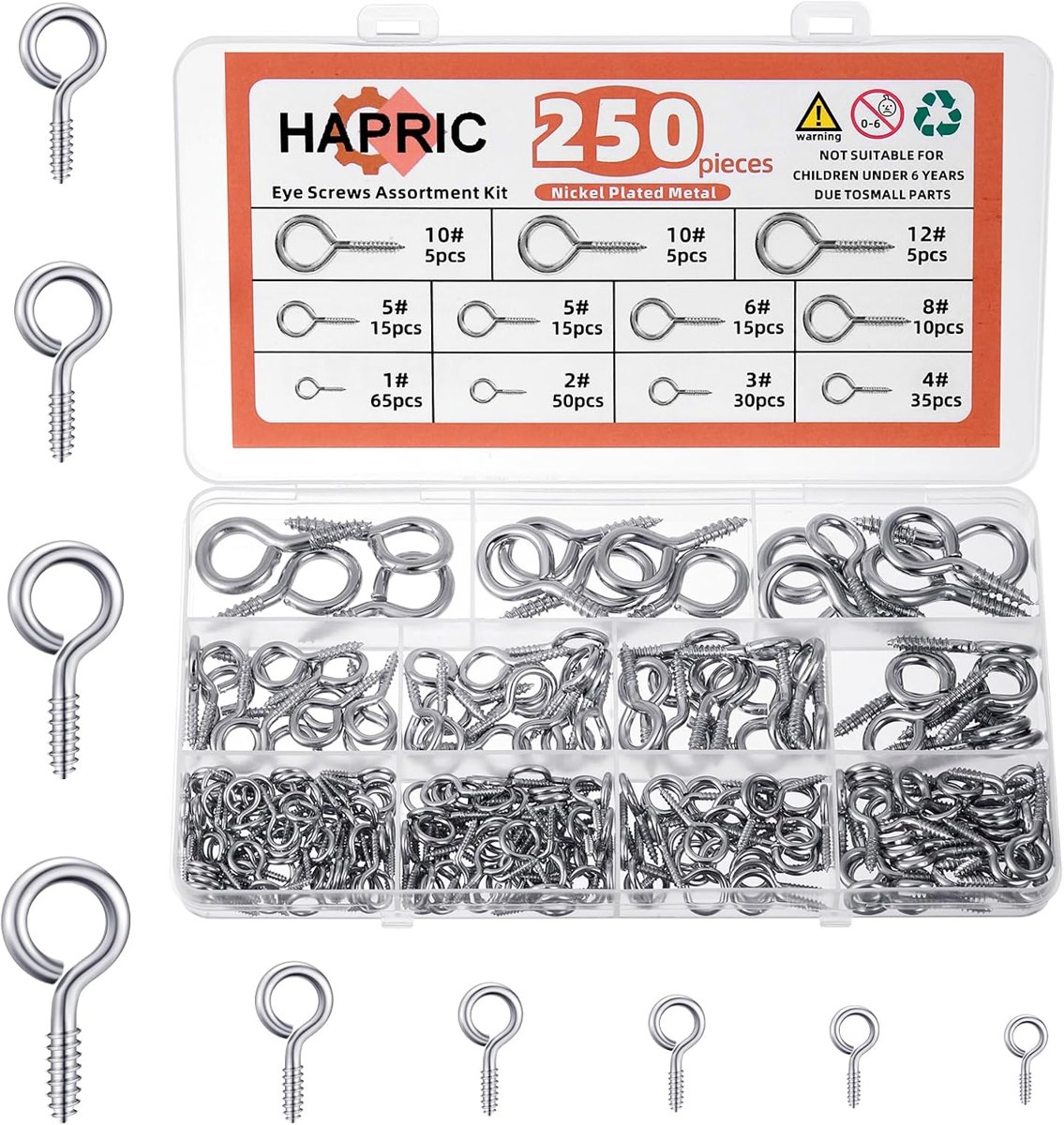 250-Piece Screw Eye Kit, 9 Sizes by Hapric