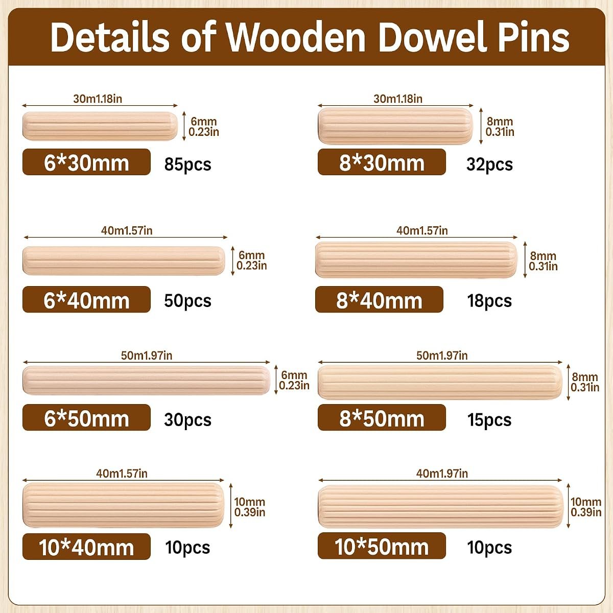 250-Piece Wooden Dowel Pin Kit, 8 Sizes, view 2