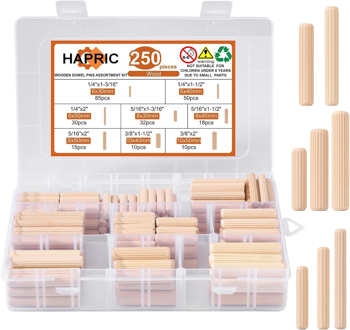 250-Piece Wooden Dowel Pin Kit, 8 Sizes by Hapric