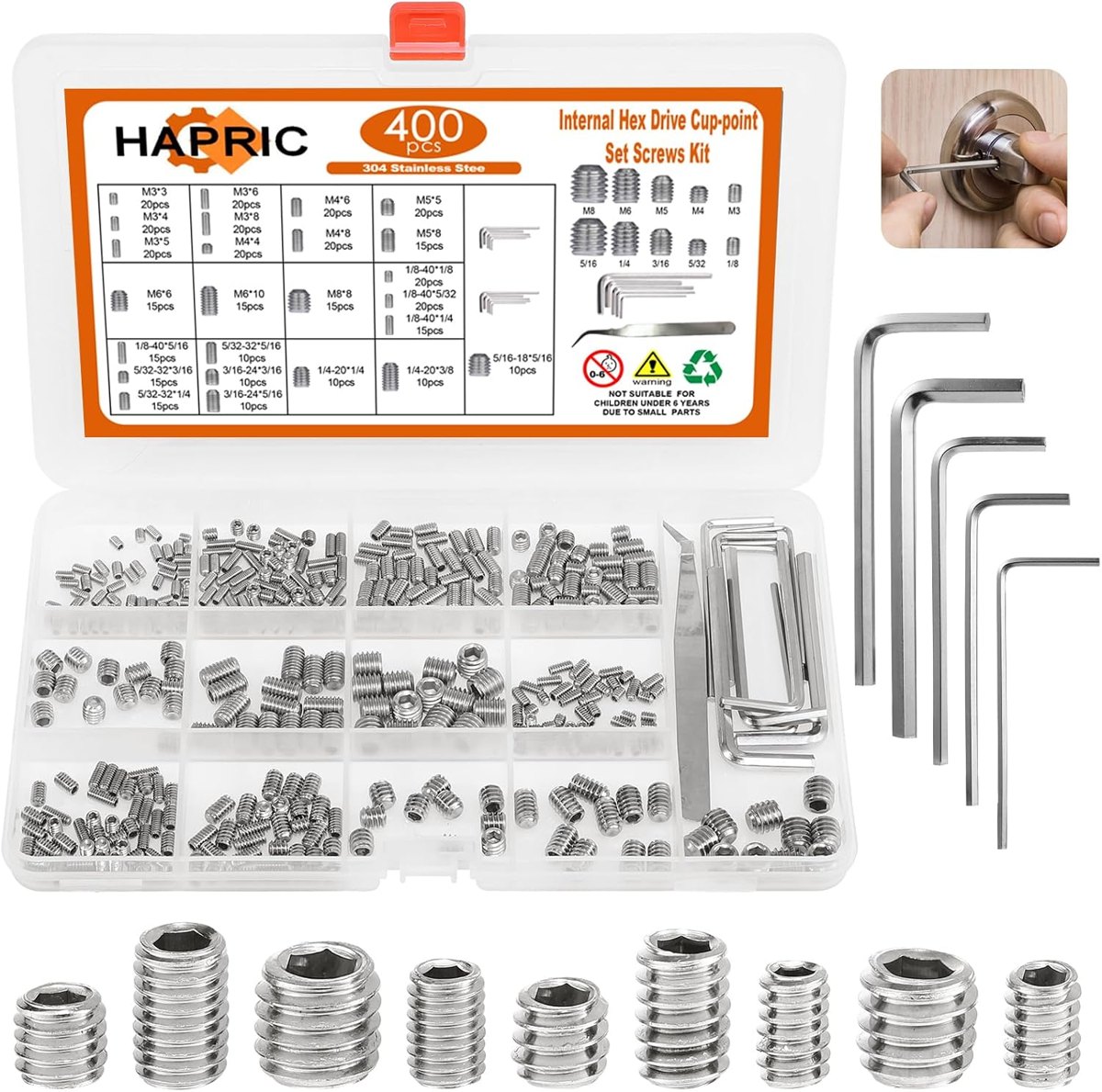 400-Piece Stainless Metric + SAE Set Screw Kit by Hapric