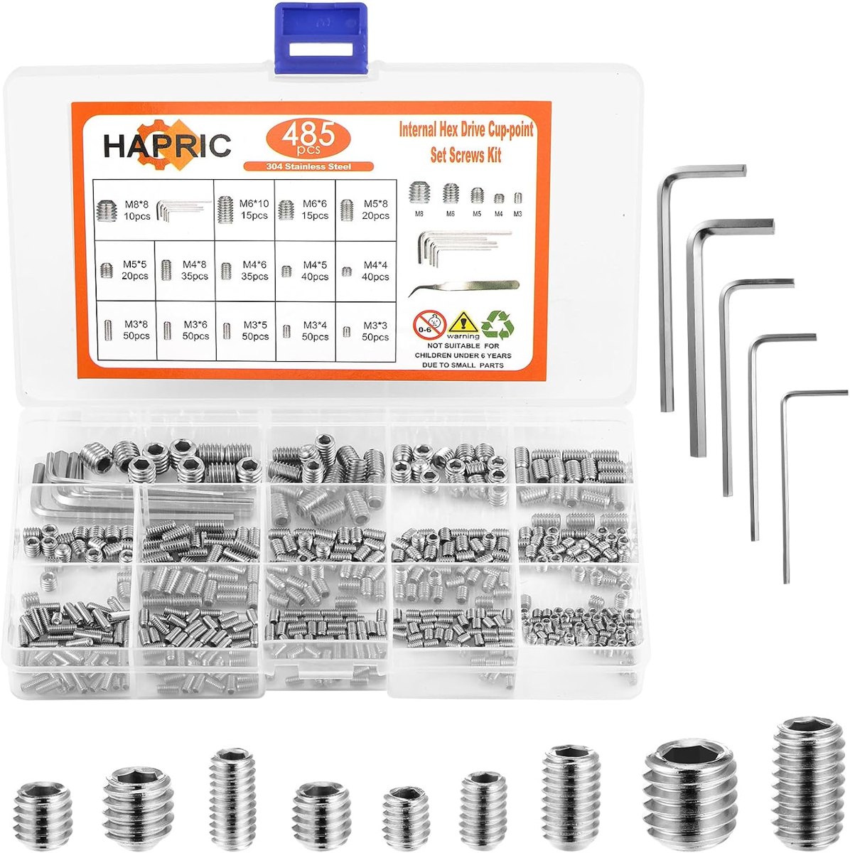 485-Piece 304 Stainless Set Screw Kit by Hapric