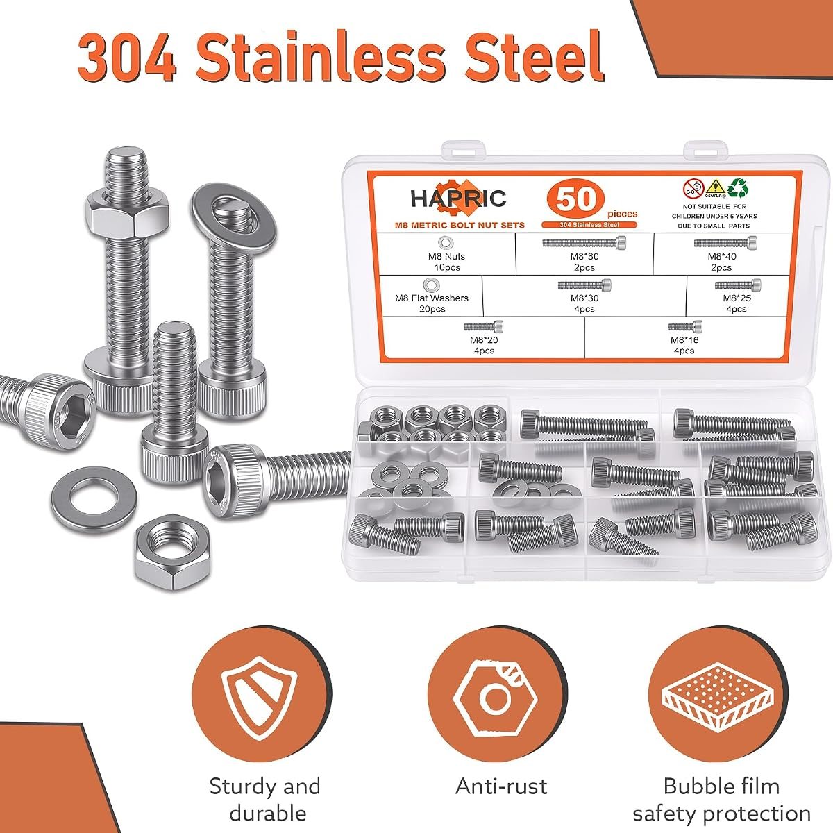 50-Piece M8 Stainless Bolt Kit, view 4