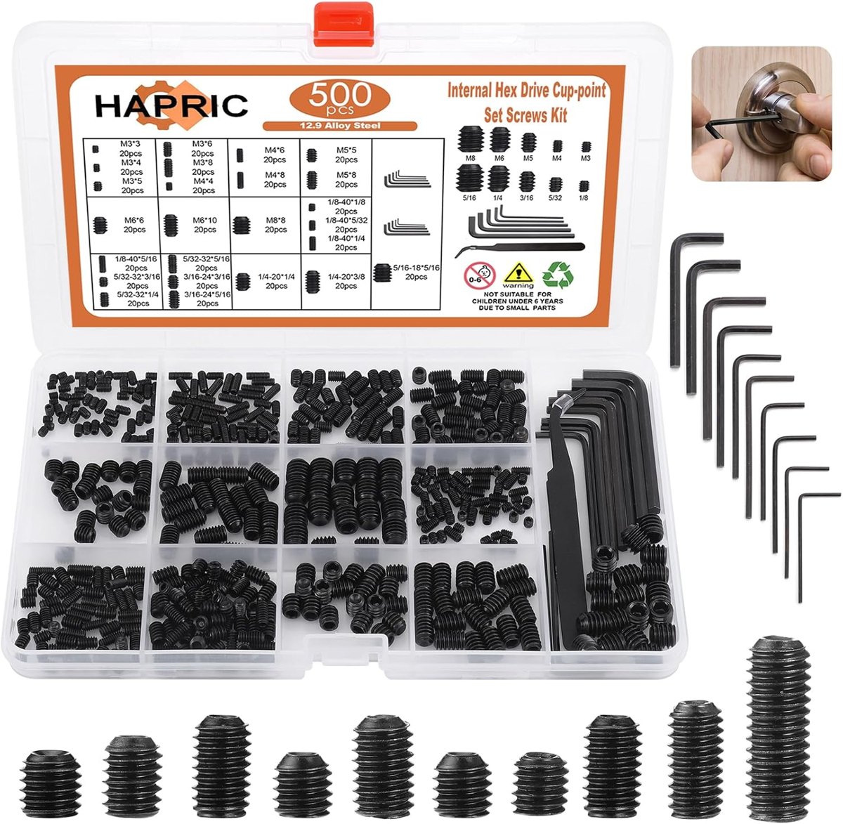 500-Piece Metric + SAE Set Screw Kit, 12.9 by Hapric