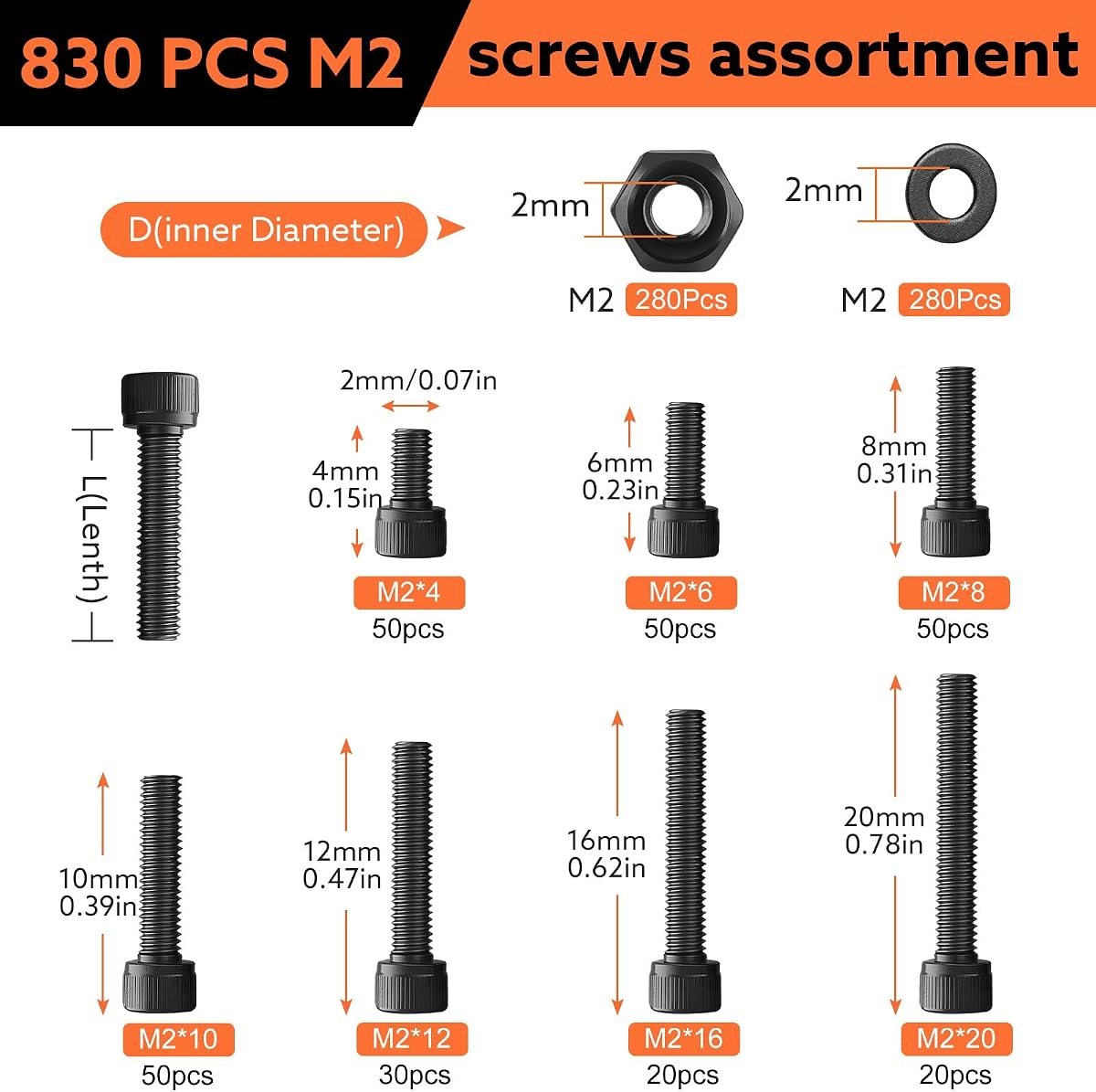 830-Piece M2 Screw Kit, 12.9 Alloy Steel, view 2