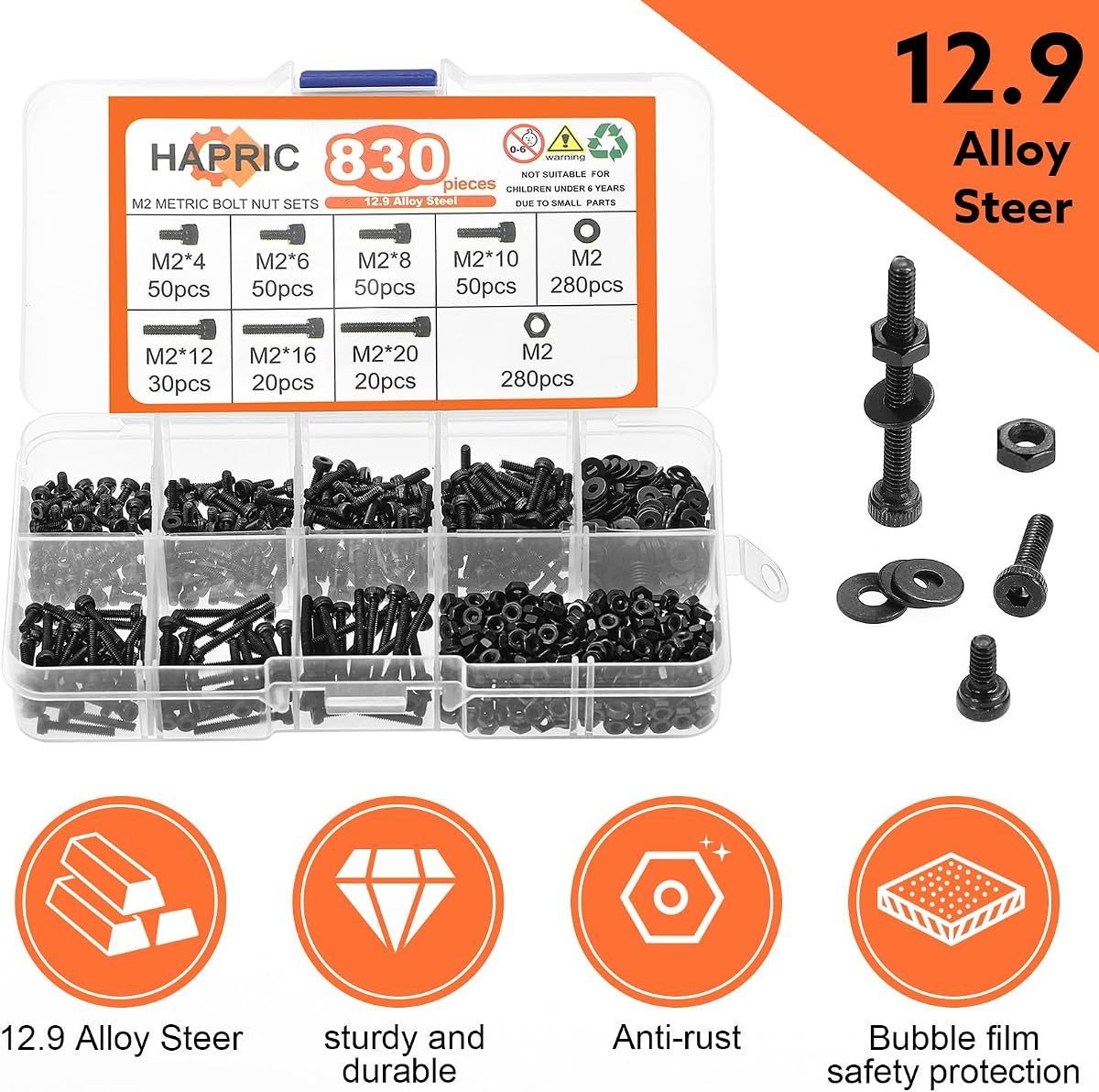 830-Piece M2 Screw Kit, 12.9 Alloy Steel, view 4