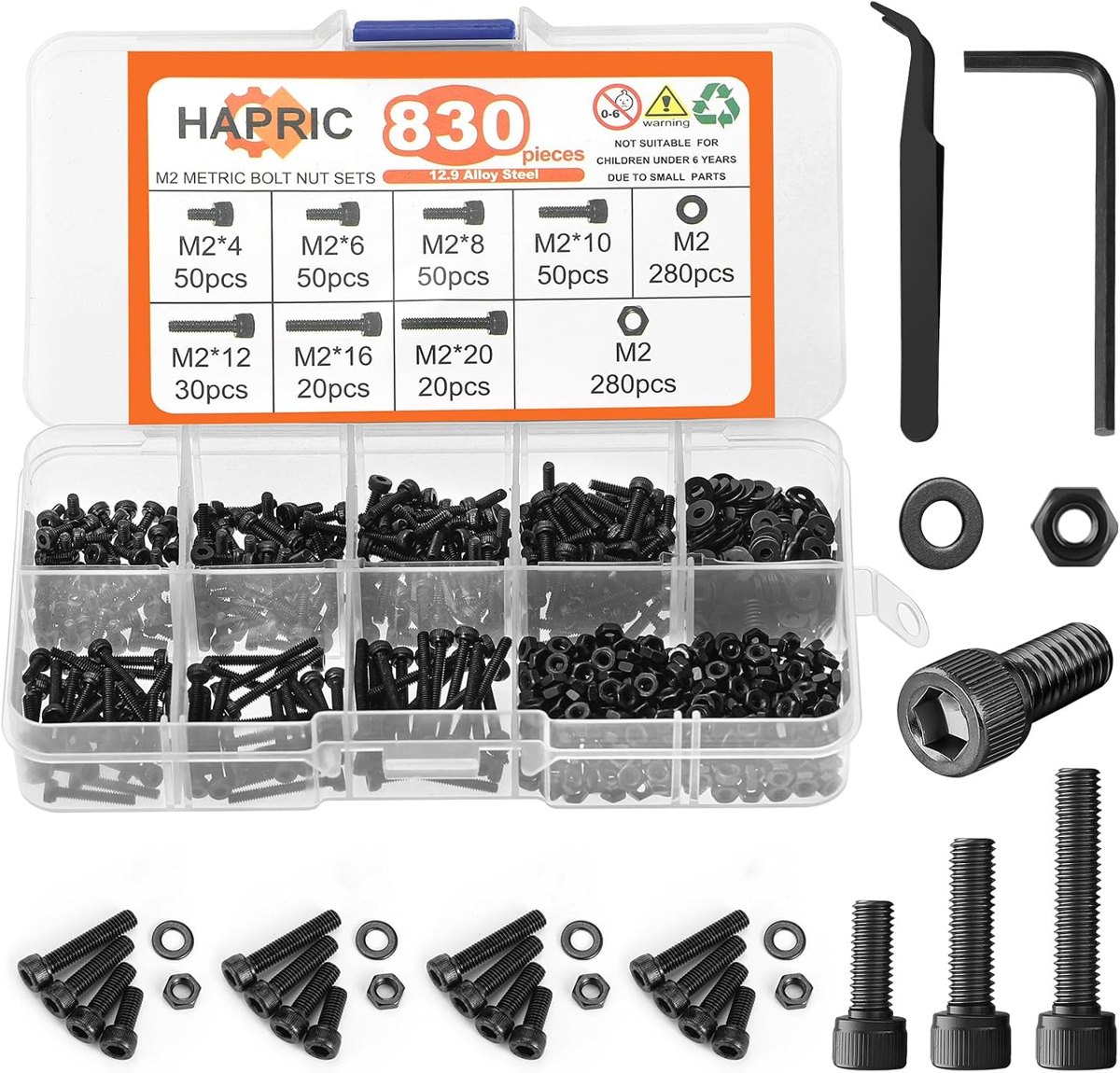 830-Piece M2 Screw Kit, 12.9 Alloy Steel by Hapric
