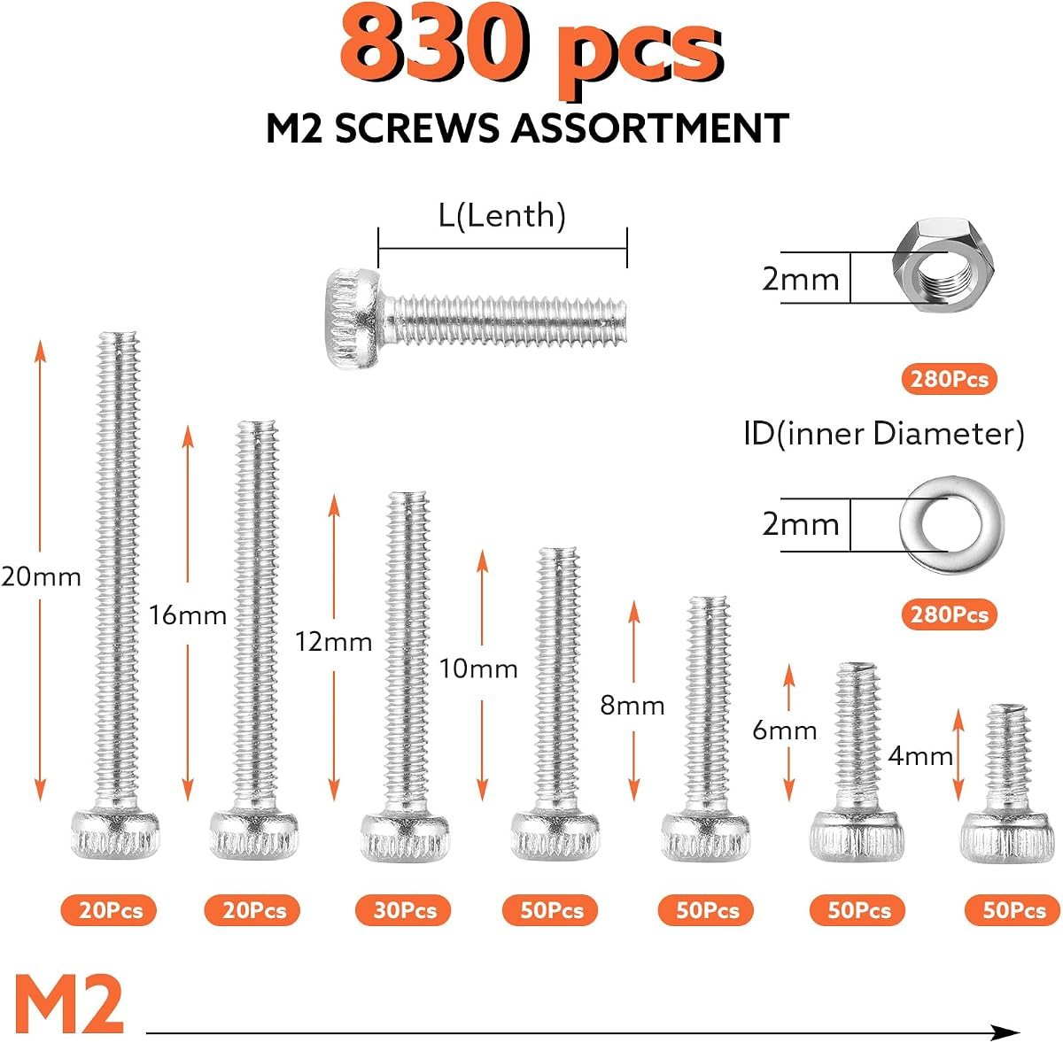 830-Piece M2 Screw Kit, 304 Stainless, view 2