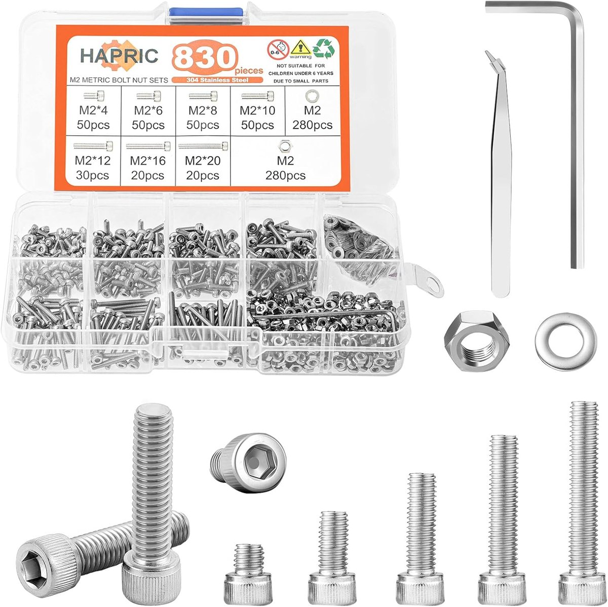 830-Piece M2 Screw Kit, 304 Stainless by Hapric