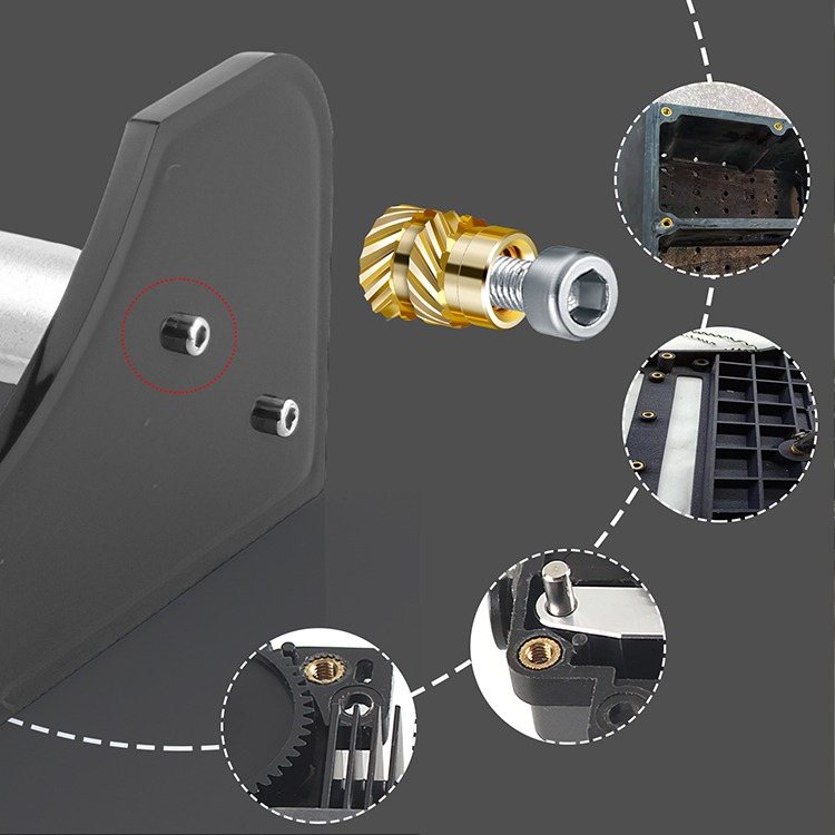 Brass heat-set inserts pressed into a 3D-printed bracket